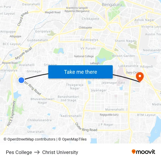 Pes College to Christ University map