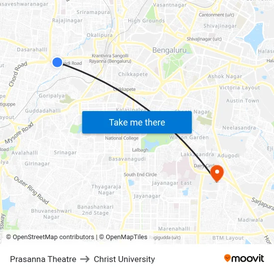 Prasanna Theatre to Christ University map