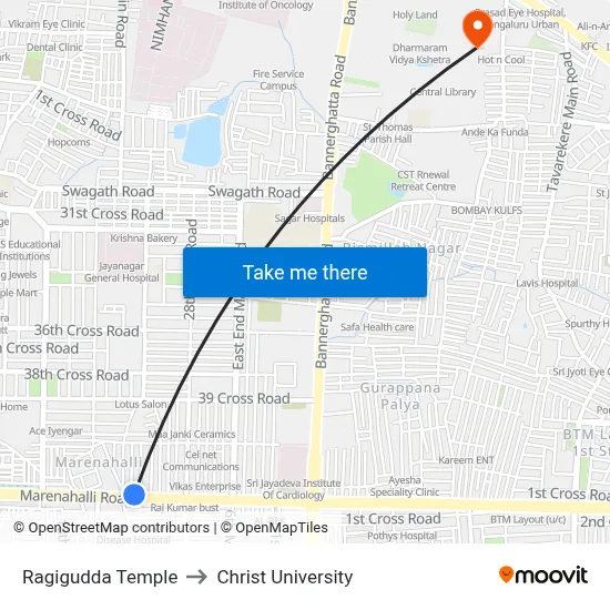 Ragigudda Temple to Christ University map