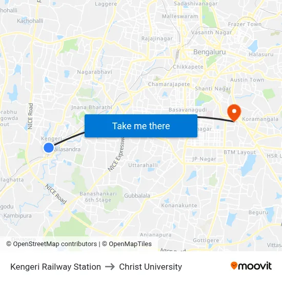 Kengeri Railway Station to Christ University map