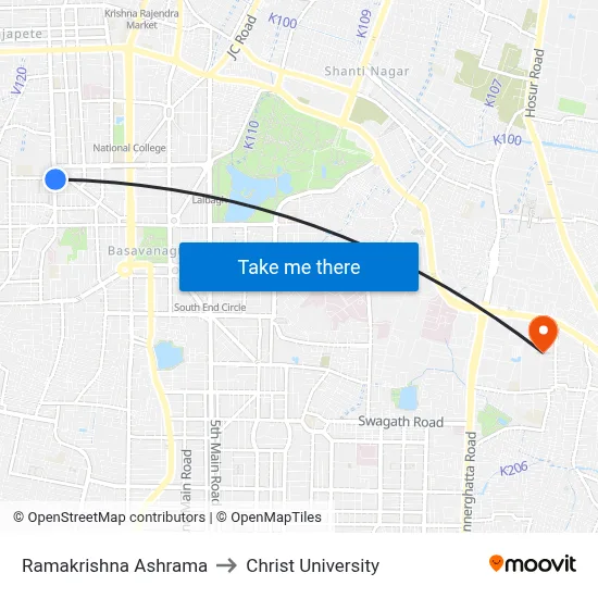 Ramakrishna Ashrama to Christ University map