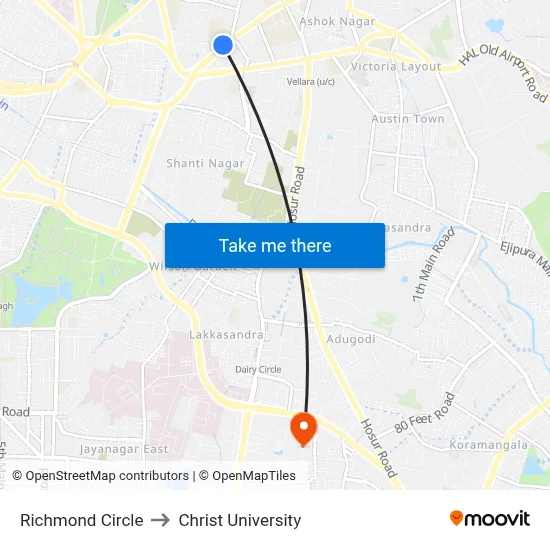 Richmond Circle to Christ University map