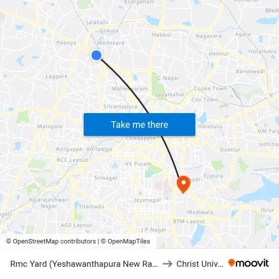 Rmc Yard (Yeshawanthapura New Railway Station) to Christ University map