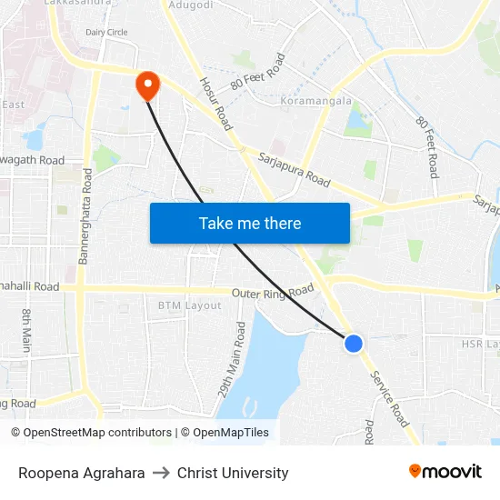 Roopena Agrahara to Christ University map