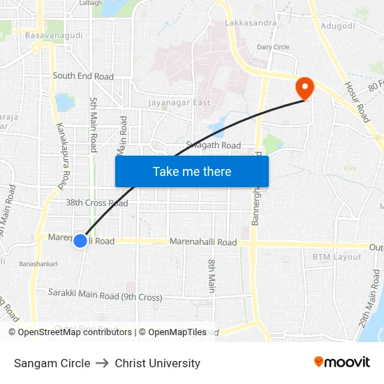Sangam Circle to Christ University map