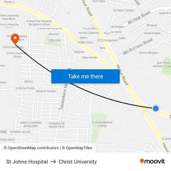 St Johns Hospital to Christ University map
