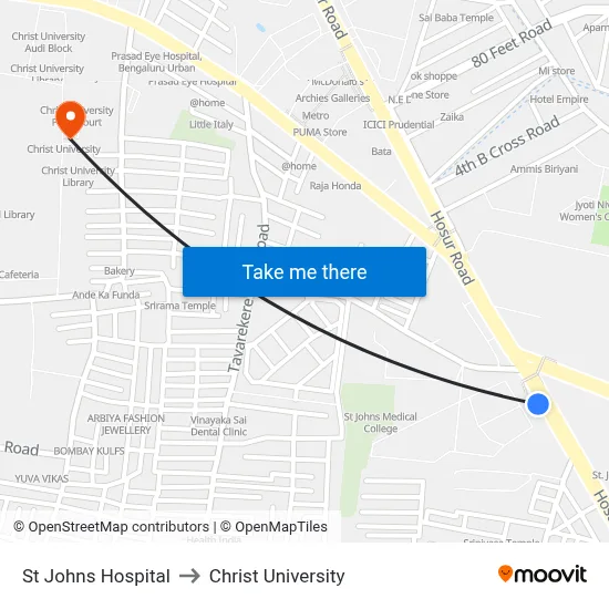 St Johns Hospital to Christ University map