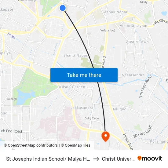 St Josephs Indian School/ Malya Hospital to Christ University map
