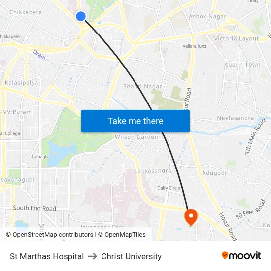 St Marthas Hospital to Christ University map