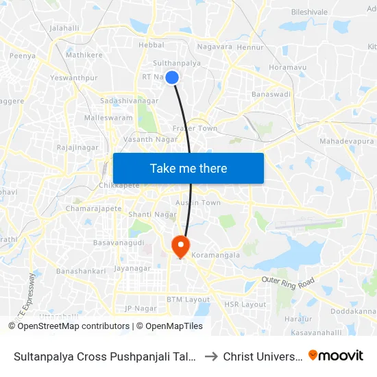 Sultanpalya Cross Pushpanjali Talkies to Christ University map