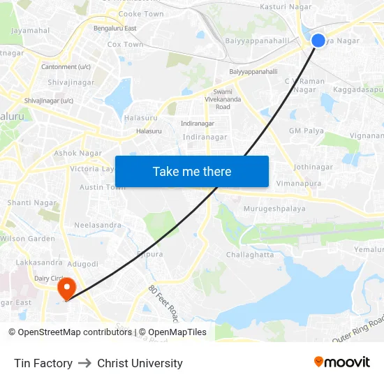 Tin Factory to Christ University map