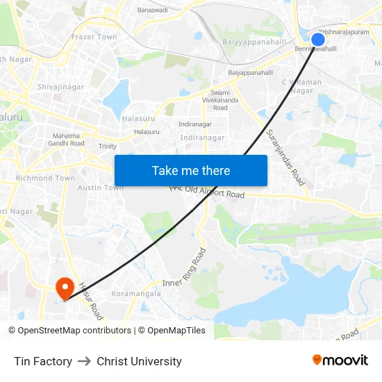 Tin Factory to Christ University map