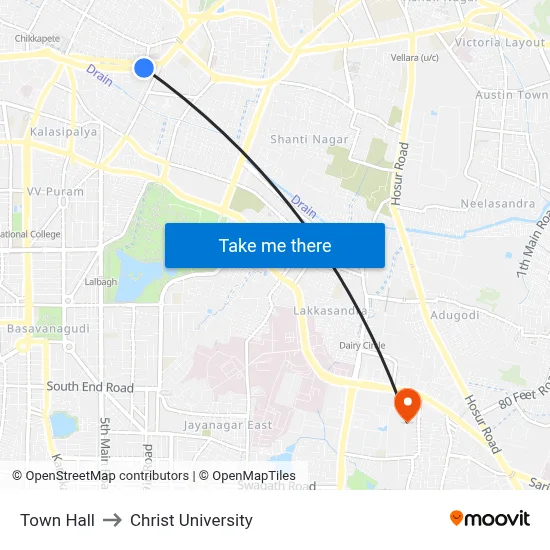 Town Hall to Christ University map