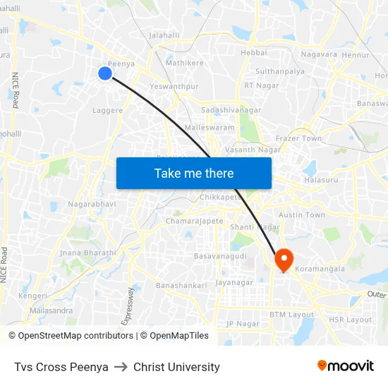 Tvs Cross Peenya to Christ University map
