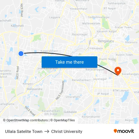 Ullala Satelite Town to Christ University map