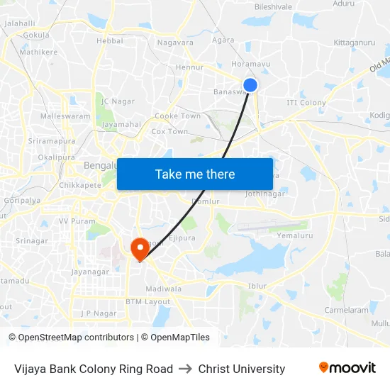 Vijaya Bank Colony Ring Road to Christ University map