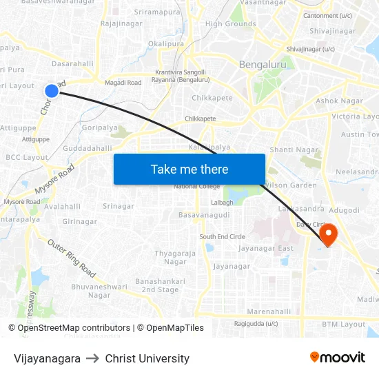 Vijayanagara to Christ University map