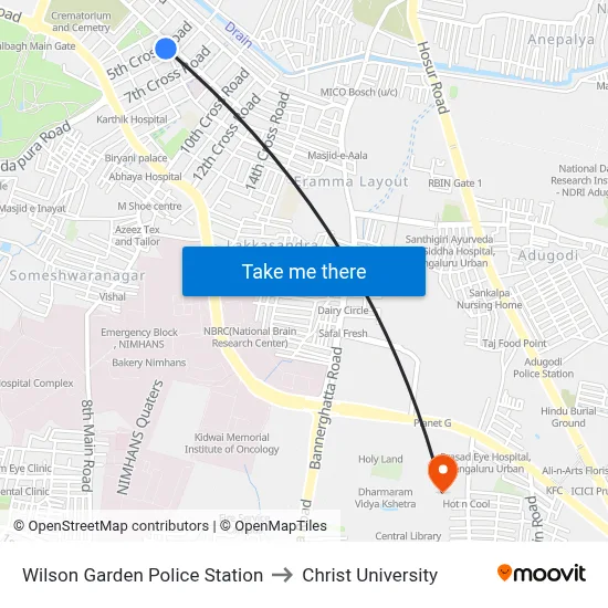 Wilson Garden Police Station to Christ University map
