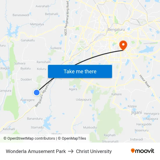 Wonderla Amusement Park to Christ University map