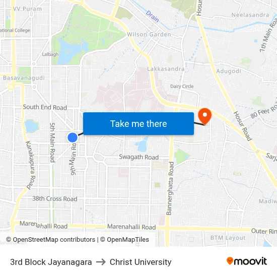 3rd Block Jayanagara to Christ University map