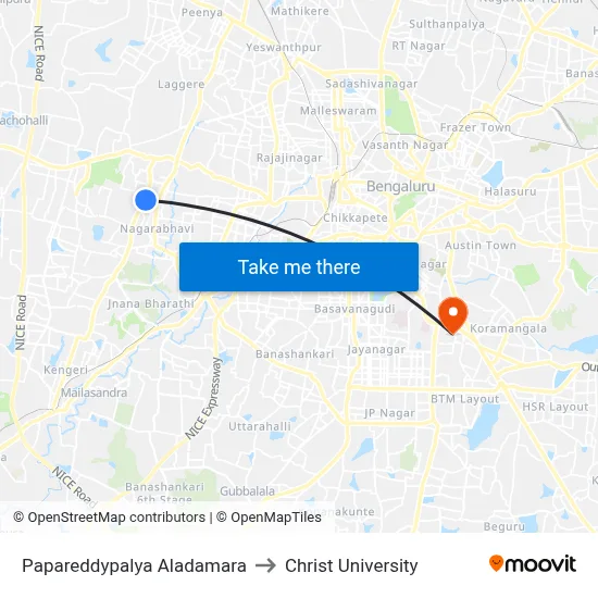 Papareddypalya Aladamara to Christ University map