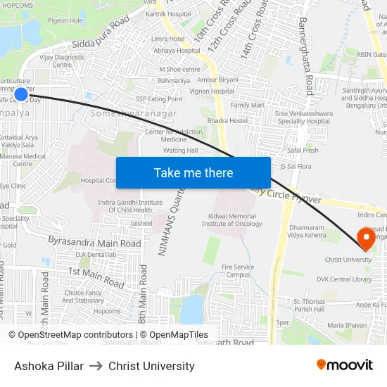 Ashoka Pillar to Christ University map
