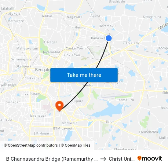 B Channasandra Bridge (Ramamurthy Nagara Ring Road) to Christ University map