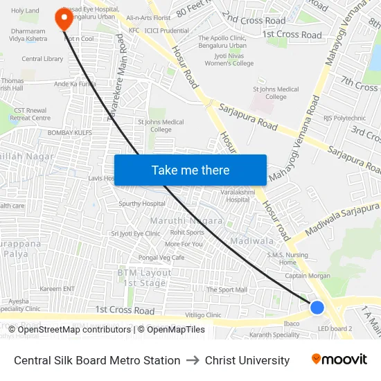 Central Silk Board Metro Station to Christ University map