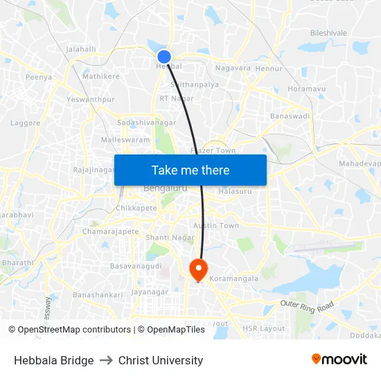 Hebbala Bridge to Christ University map