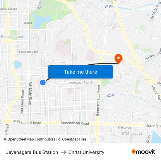 Jayanagara Bus Station to Christ University map
