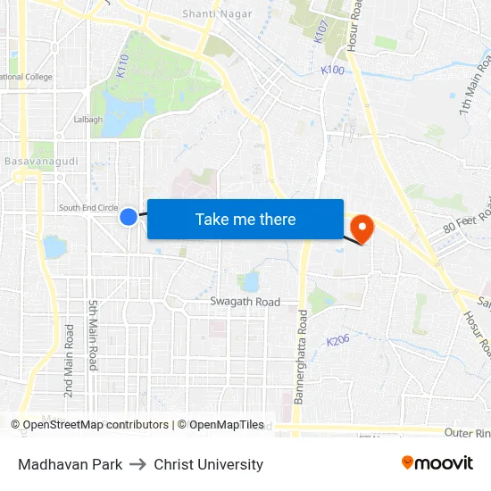 Madhavan Park to Christ University map