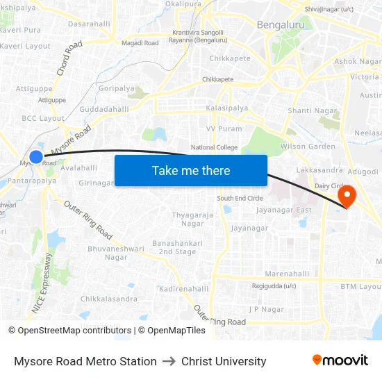 Mysore Road Metro Station to Christ University map