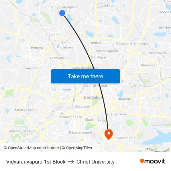 Vidyaranyapura 1st Block to Christ University map