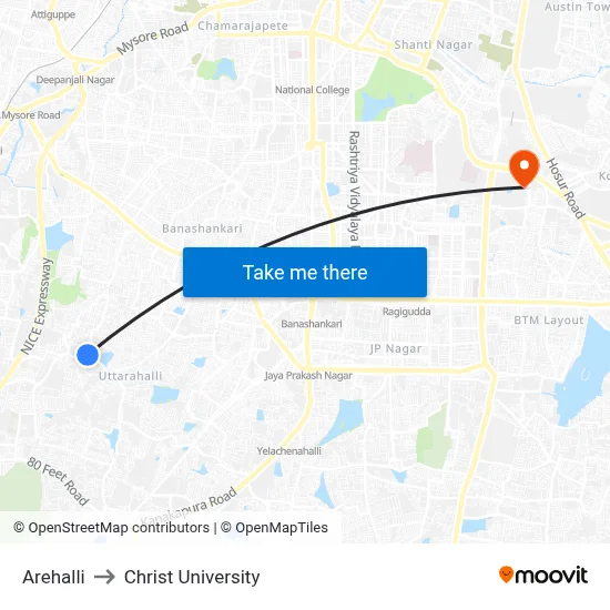 Arehalli to Christ University map