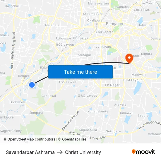 Savandarbar Ashrama to Christ University map