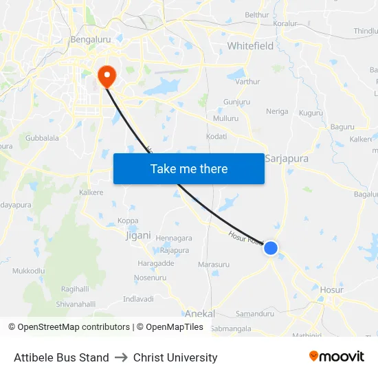 Attibele Bus Stand to Christ University map