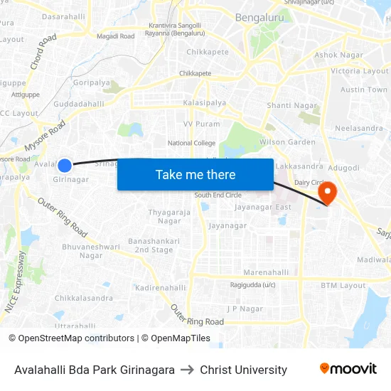 Avalahalli Bda Park Girinagara to Christ University map