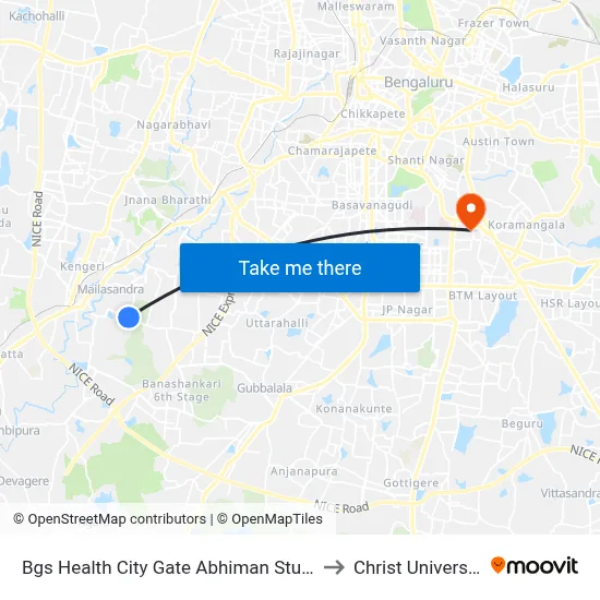 Bgs Health City Gate Abhiman Studio to Christ University map
