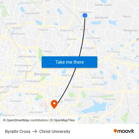 Byrathi Cross to Christ University map