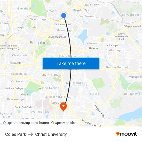 Coles Park to Christ University map