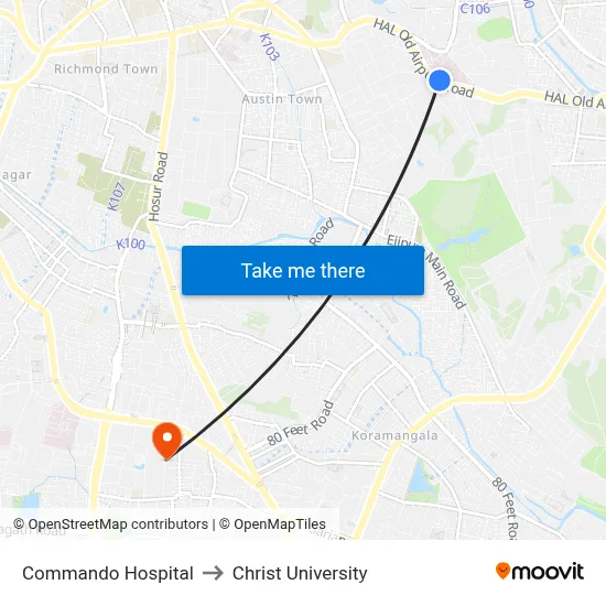 Commando Hospital to Christ University map