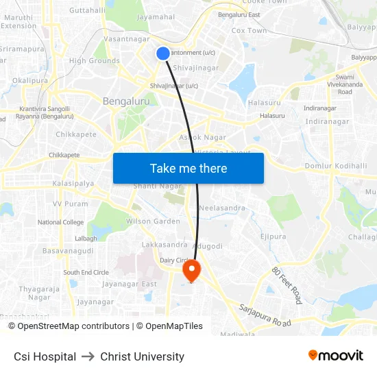 Csi Hospital to Christ University map