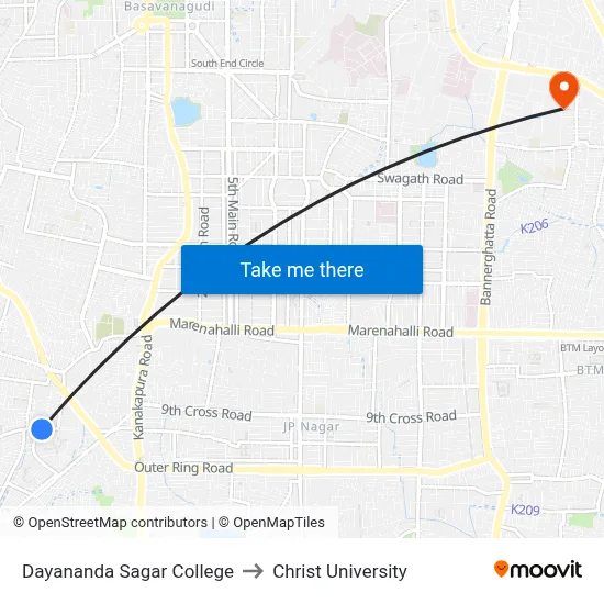 Dayananda Sagar College to Christ University map