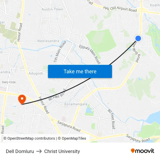 Dell Domluru to Christ University map