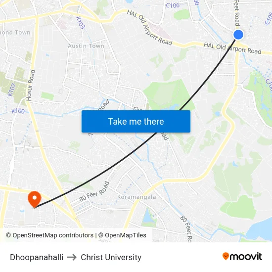 Dhoopanahalli to Christ University map
