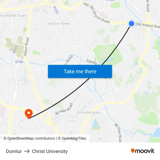 Domlur to Christ University map