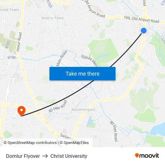Domlur Flyover to Christ University map