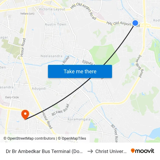 Dr Br Ambedkar Bus Terminal (Domlur) to Christ University map