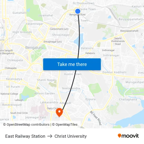 East Railway Station to Christ University map