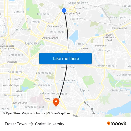 Frazer Town to Christ University map
